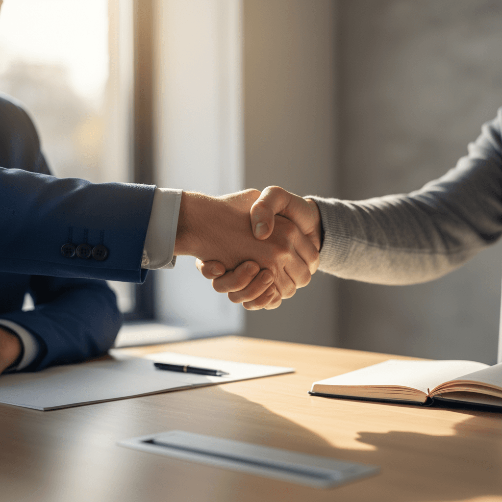 Two professionals shaking hands in a modern distribution warehouse, symbolizing trusted partnership