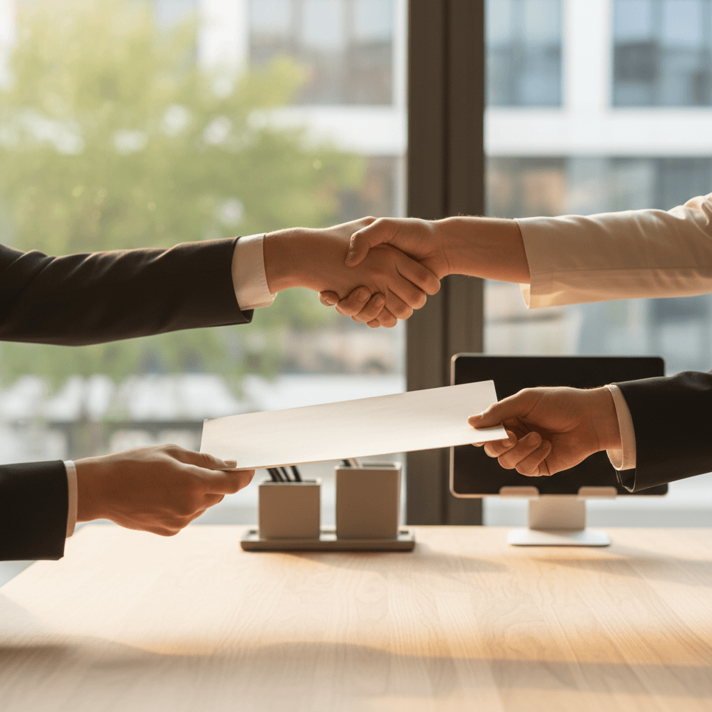 Two people shaking hands across a table, representing business partnership