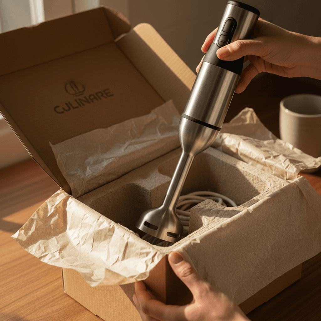 Close-up of hands carefully unboxing and inspecting an electronic product with detailed packaging visible