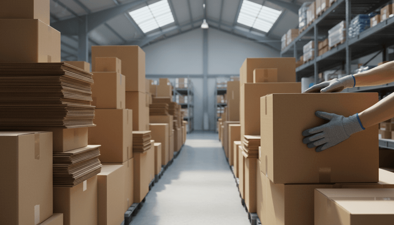 Worker examining stacked cardboard boxes in modern warehouse with overhead natural lighting and organized shelving