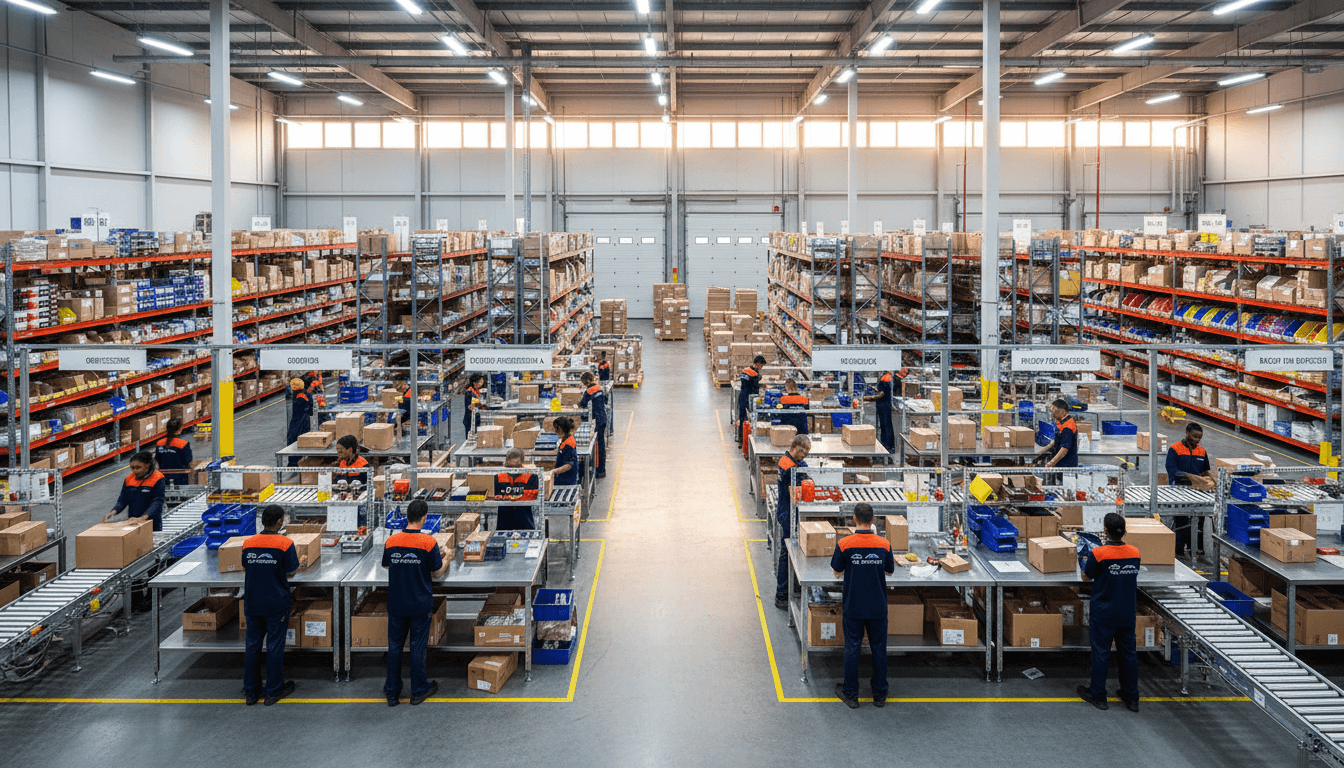 Active warehouse fulfillment center with diverse workers efficiently packing and organizing bulk orders across organized shelving and workstations